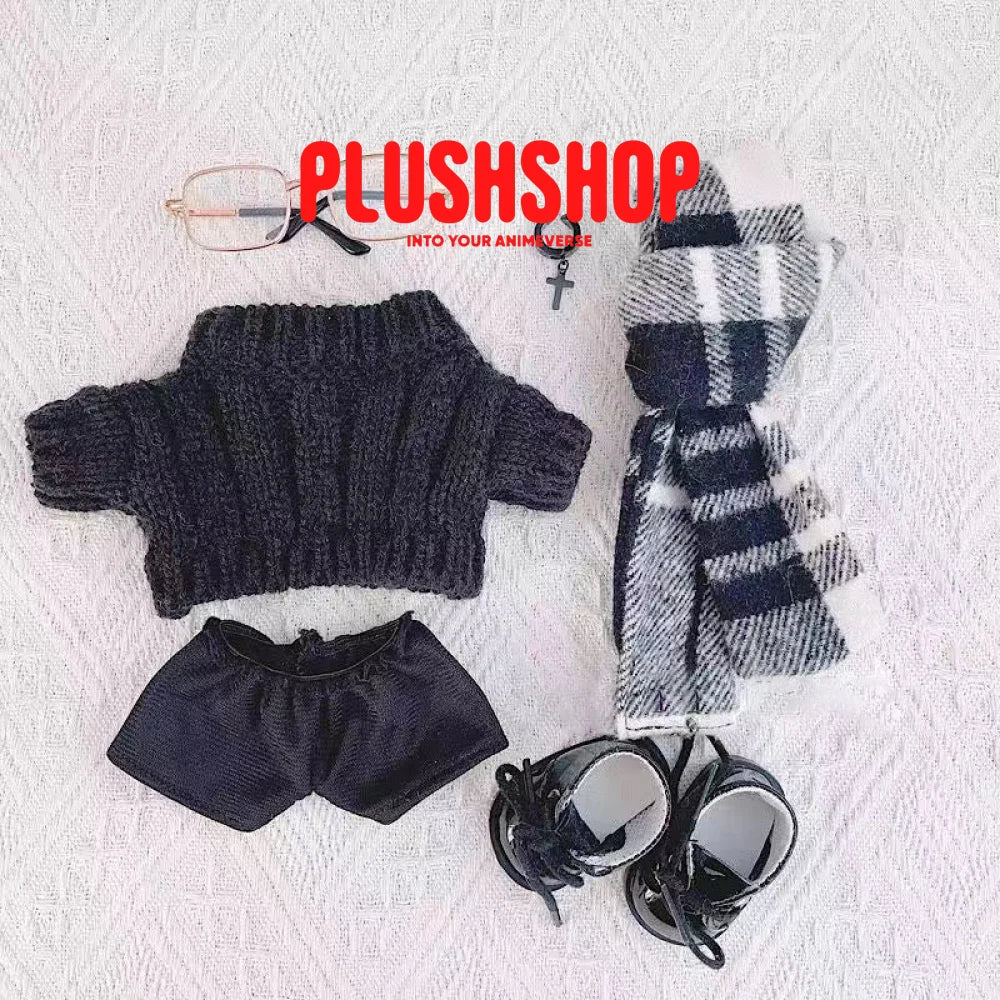 20Cm Cotton Doll Plush Clothes Cute Black Sweater With Plaid Scarf Outfit For Dolls(Outfit Only)