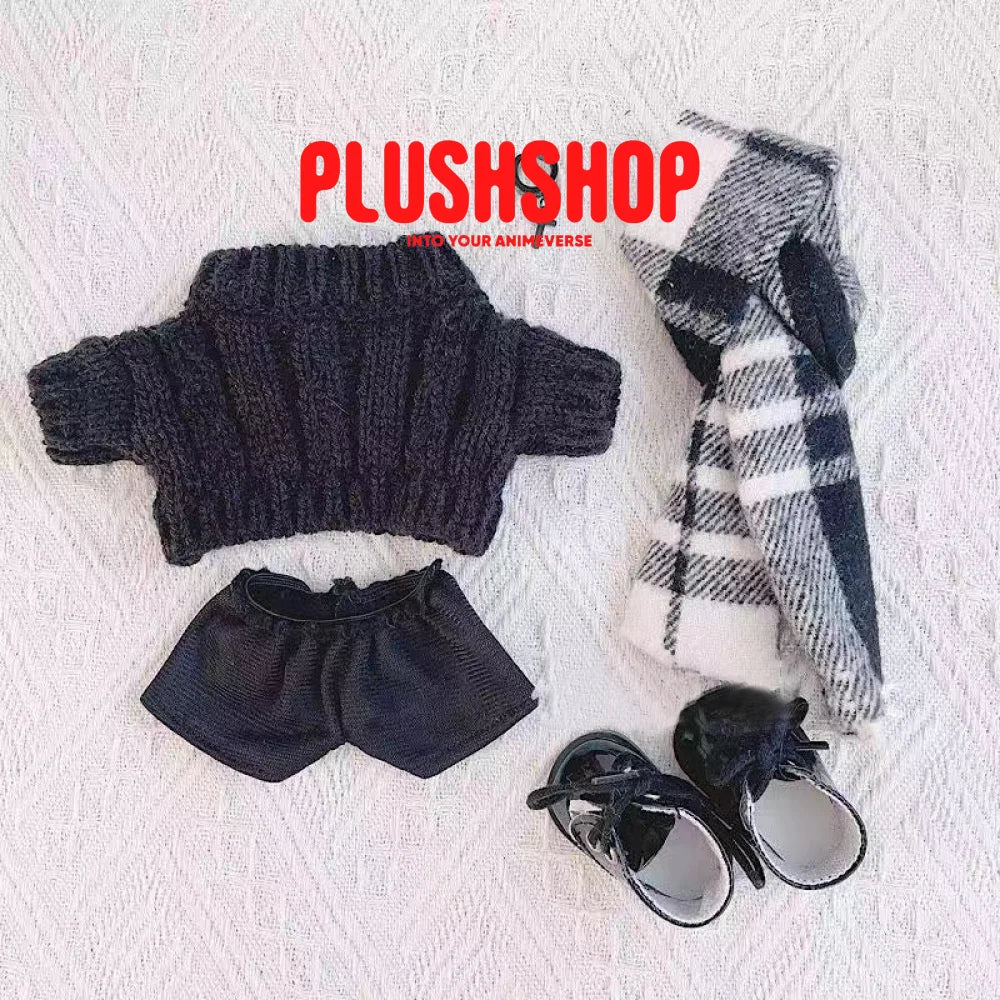 20Cm Cotton Doll Plush Clothes Cute Black Sweater With Plaid Scarf Outfit For Dolls(Outfit Only)